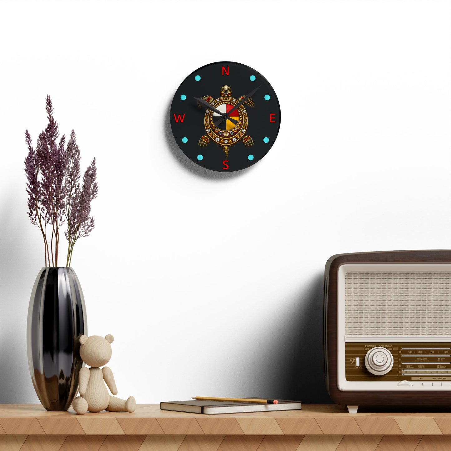 Native Turtle Compass Acrylic Wall Clock — Tribal Medicine Wheel Design