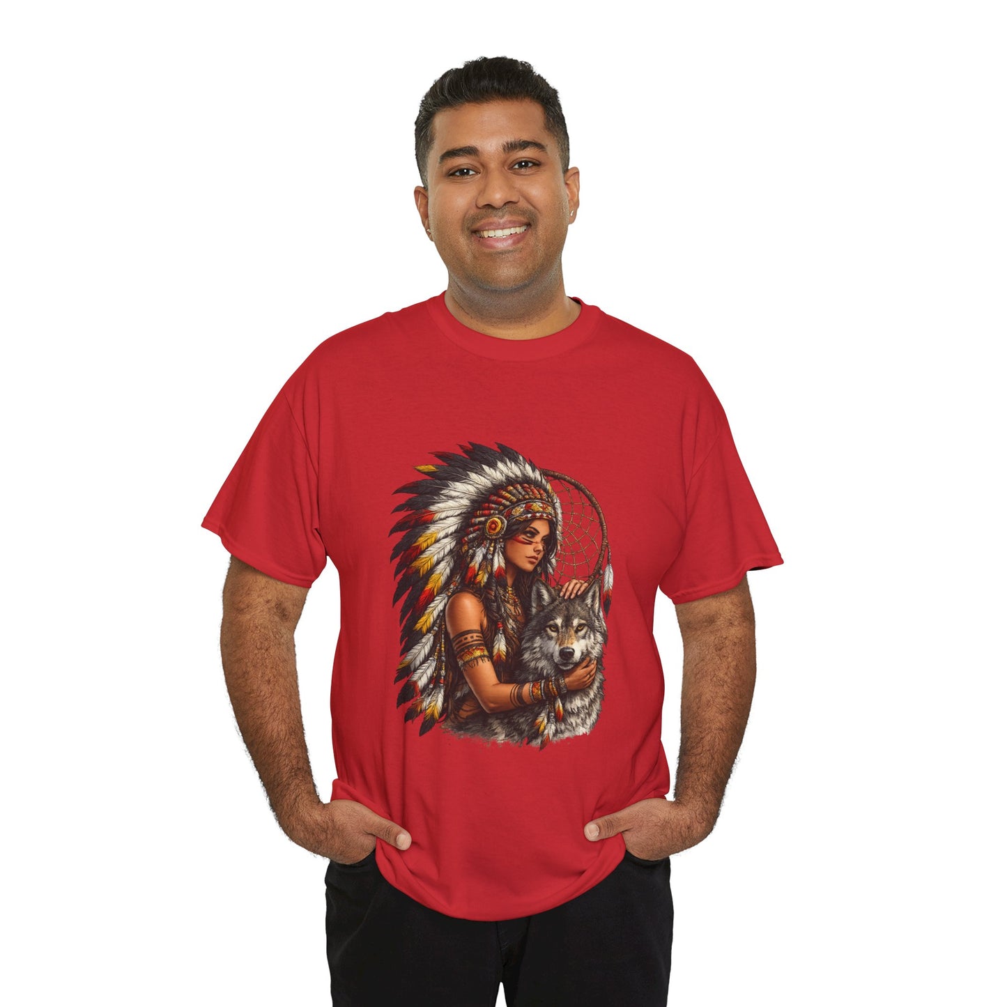 Native Headdress Woman with Wolf & Dreamcatcher T-Shirt