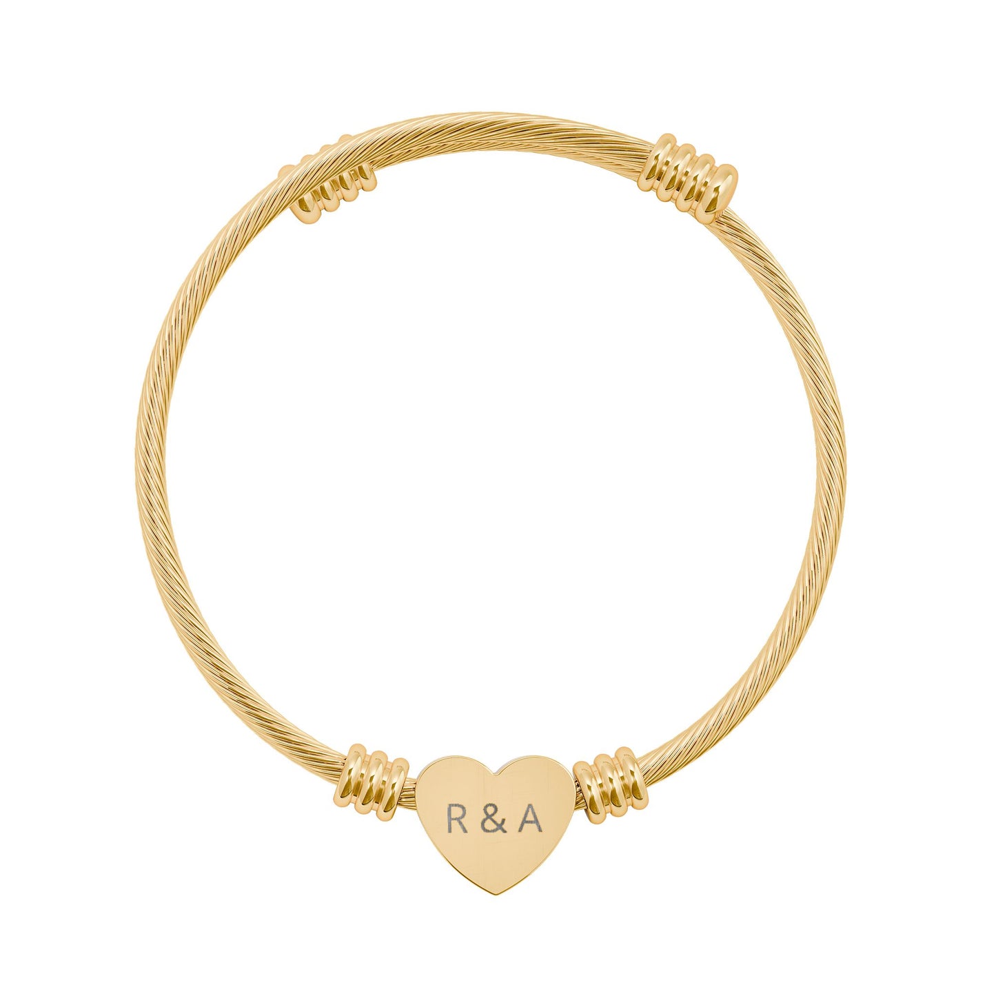 Engravable Heart Cuff Bracelet — Personalized Initials Stainless Steel Bangle (Gold or Silver)