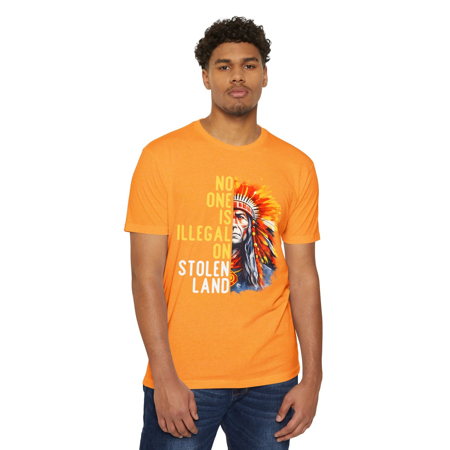 T-Shirt — “No One Is Illegal on Stolen Land” Native Chief Graphic