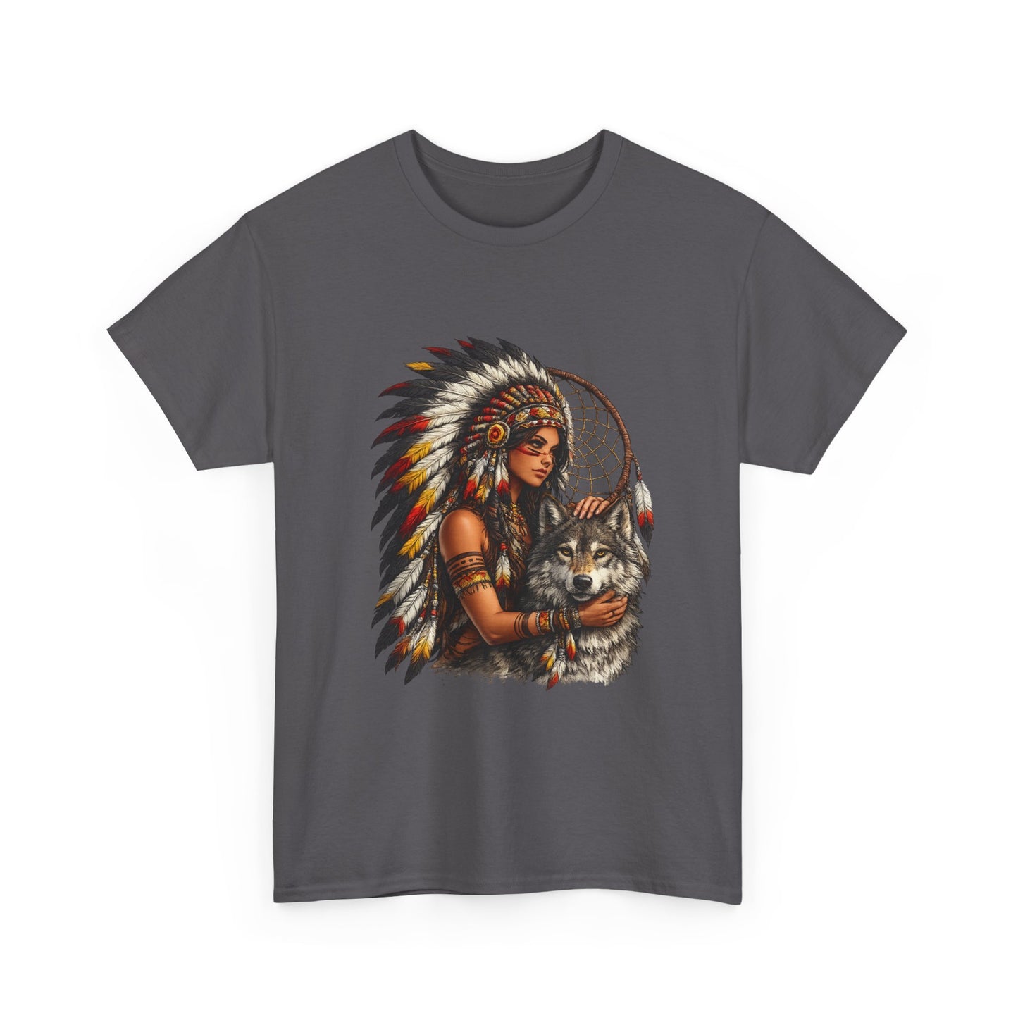 Native Headdress Woman with Wolf & Dreamcatcher T-Shirt