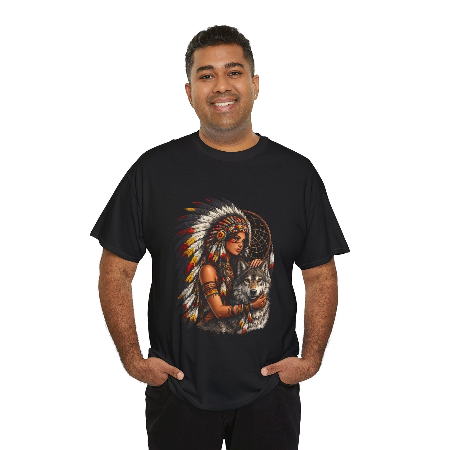 Native Headdress Woman with Wolf & Dreamcatcher T-Shirt