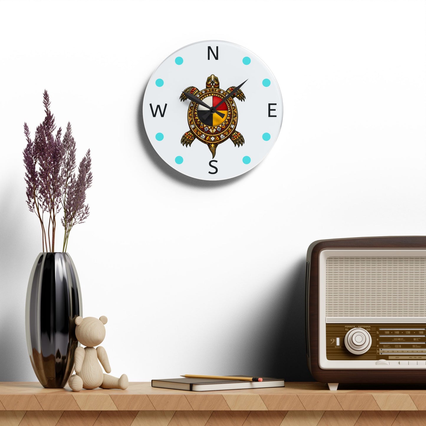 Acrylic Wall Clock — Turtle Compass with Medicine Wheel Design
