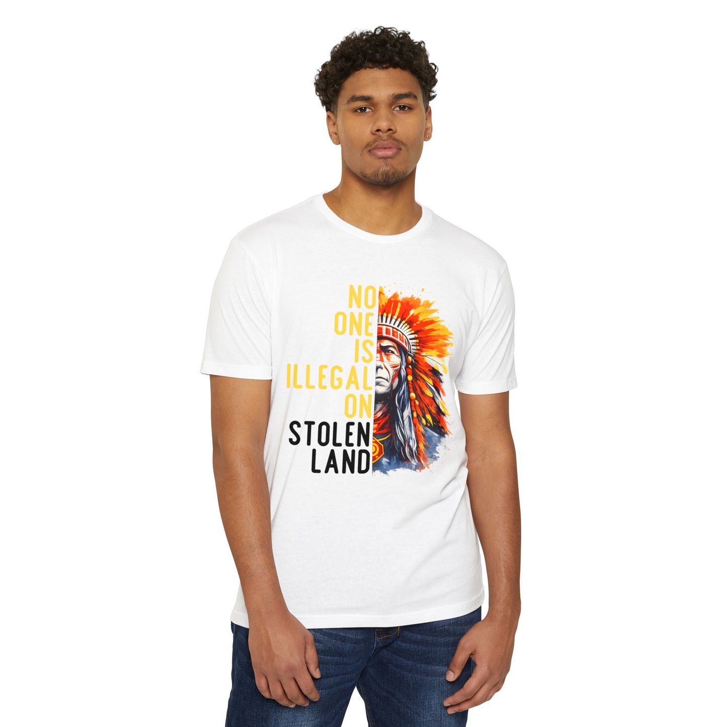 T-Shirt — “No One Is Illegal on Stolen Land” Native Chief Graphic