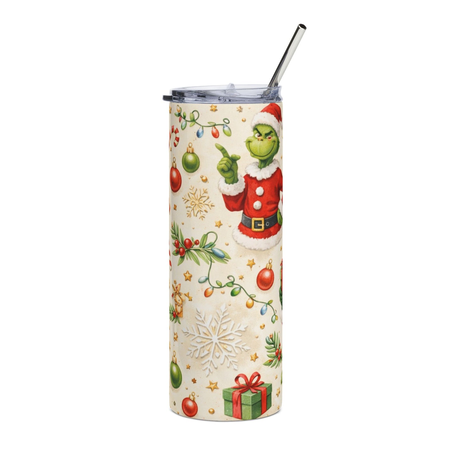 Christmas Santa & Grinch 20oz Stainless Tumbler — Holiday Gift, Candy Cane & Presents Design