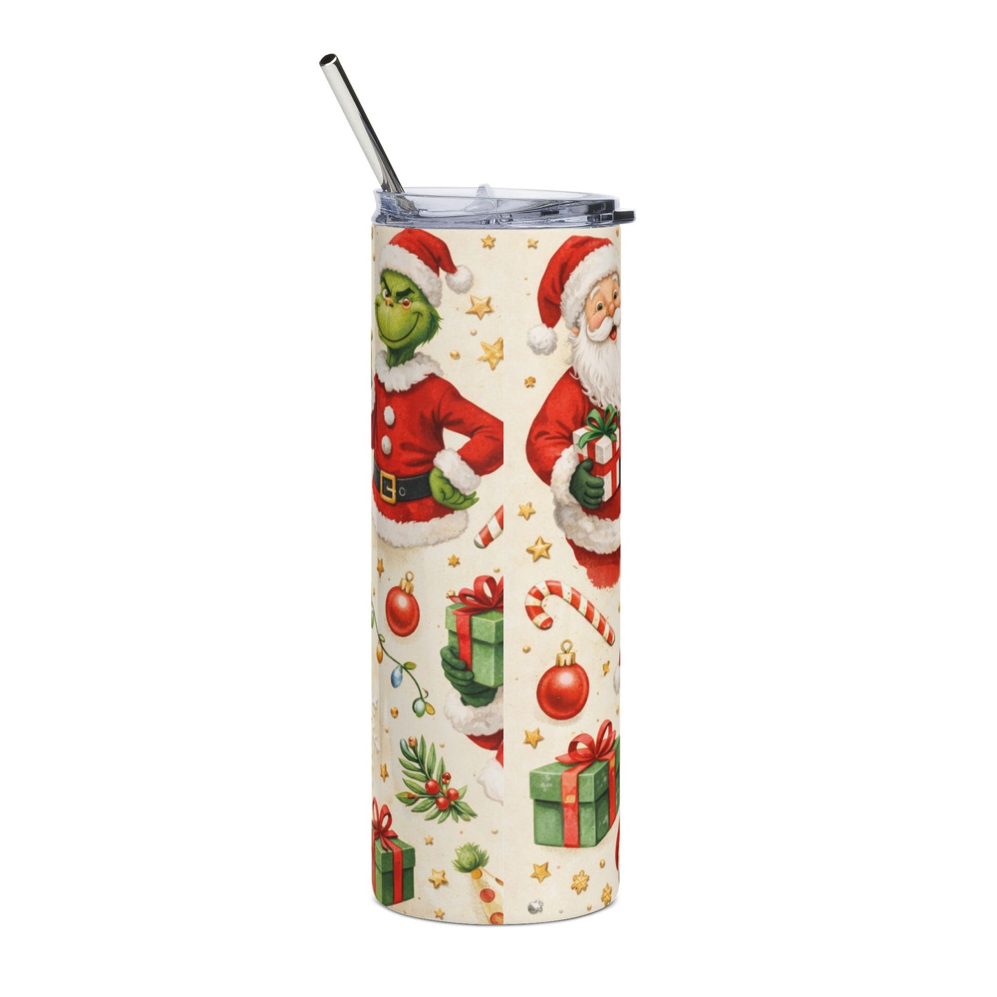 Christmas Santa & Grinch 20oz Stainless Tumbler — Holiday Gift, Candy Cane & Presents Design