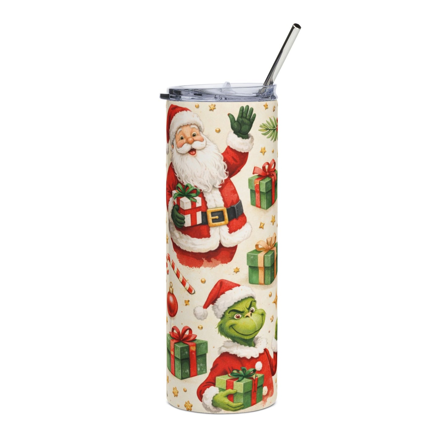 Christmas Santa & Grinch 20oz Stainless Tumbler — Holiday Gift, Candy Cane & Presents Design