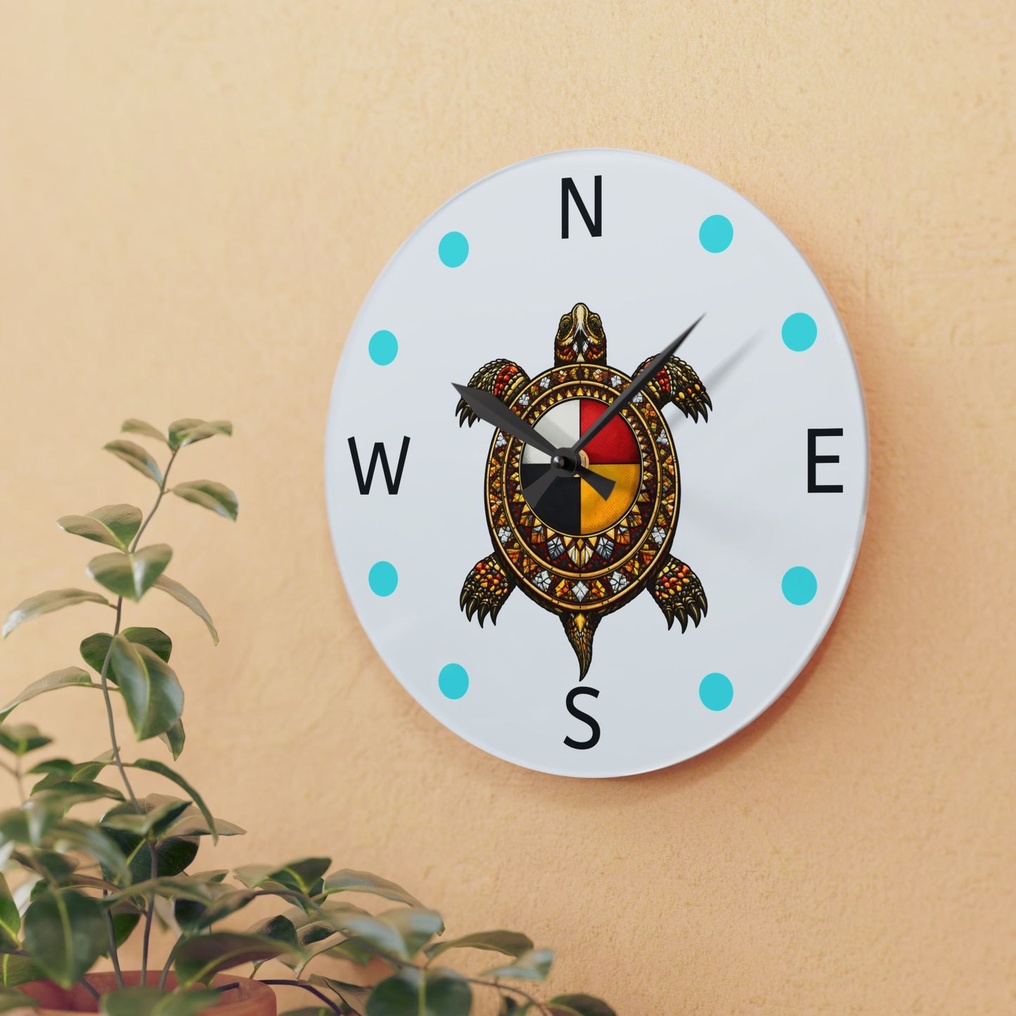 Acrylic Wall Clock — Turtle Compass with Medicine Wheel Design