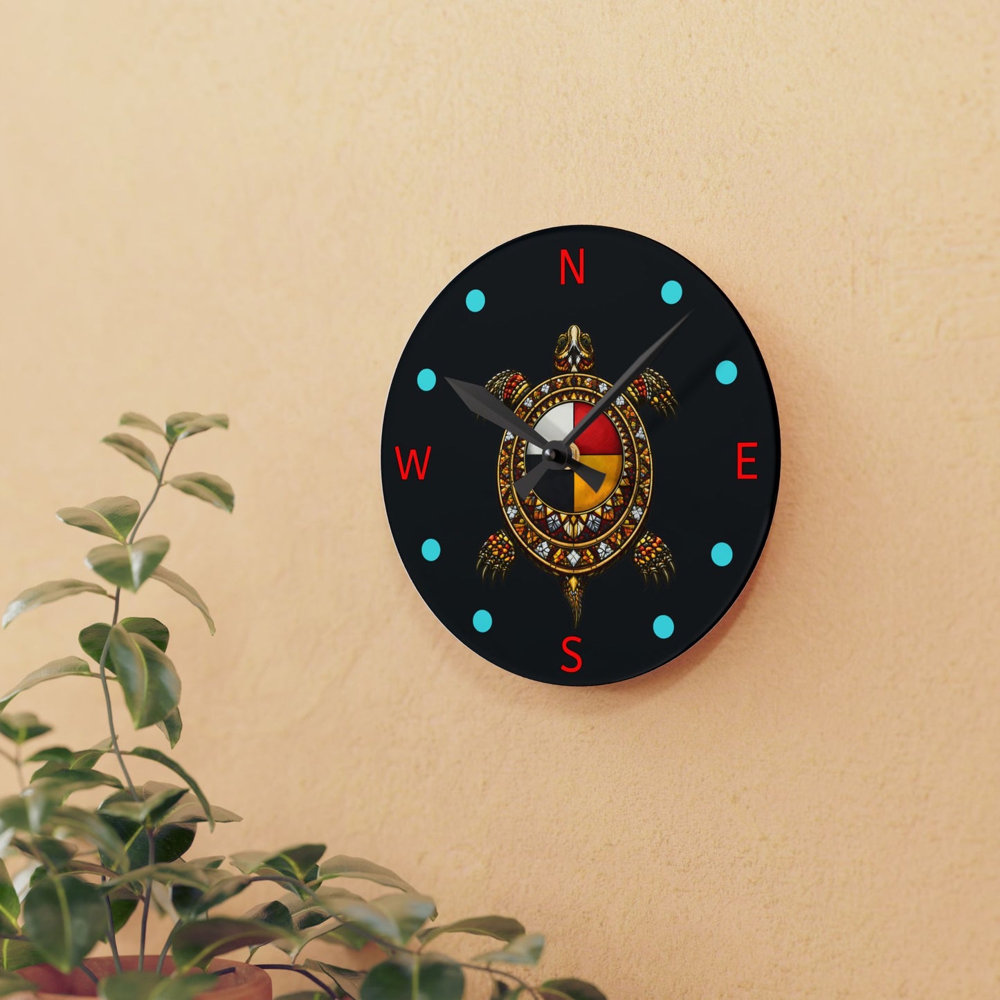 Native Turtle Compass Acrylic Wall Clock — Tribal Medicine Wheel Design
