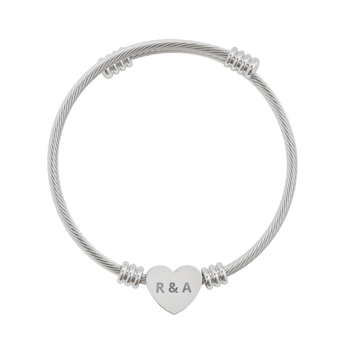 Engravable Heart Cuff Bracelet — Personalized Initials Stainless Steel Bangle (Gold or Silver)