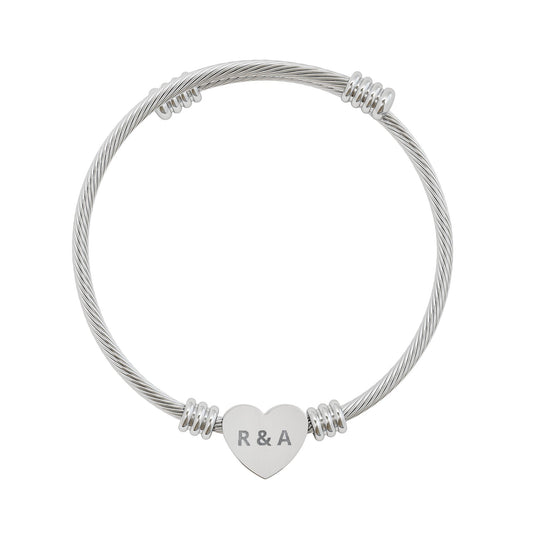 Engravable Heart Cuff Bracelet — Personalized Initials Stainless Steel Bangle (Gold or Silver)