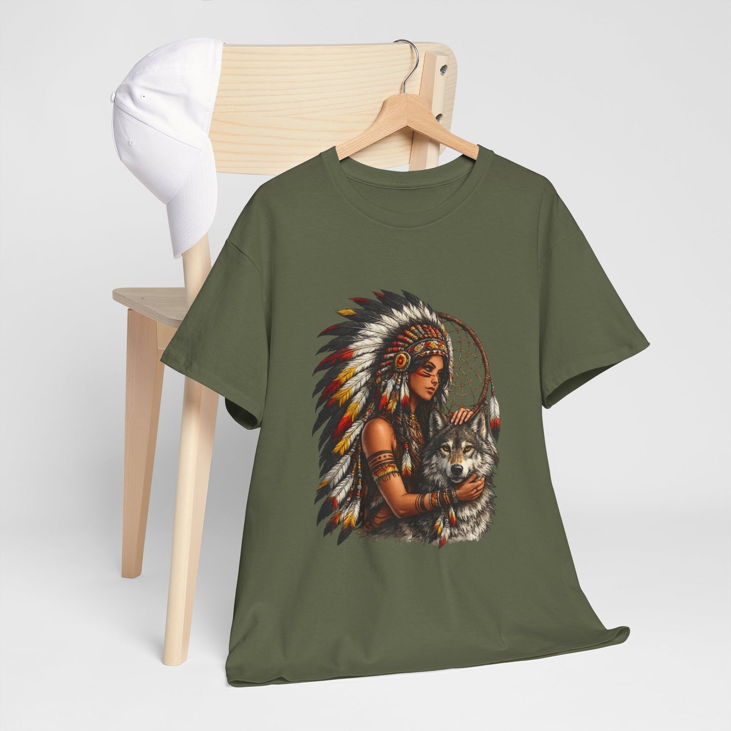 Native Headdress Woman with Wolf & Dreamcatcher T-Shirt