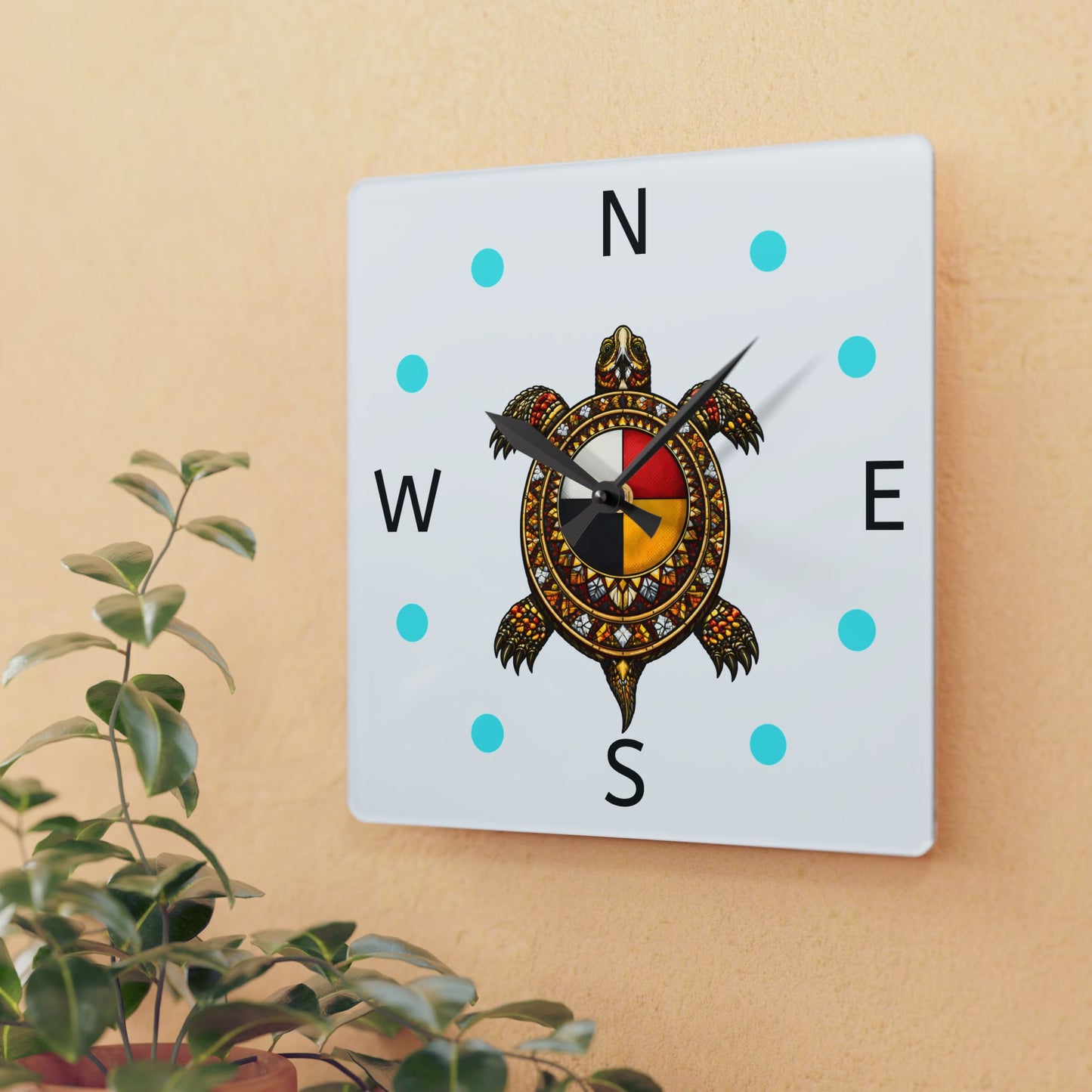 Acrylic Wall Clock — Turtle Compass with Medicine Wheel Design