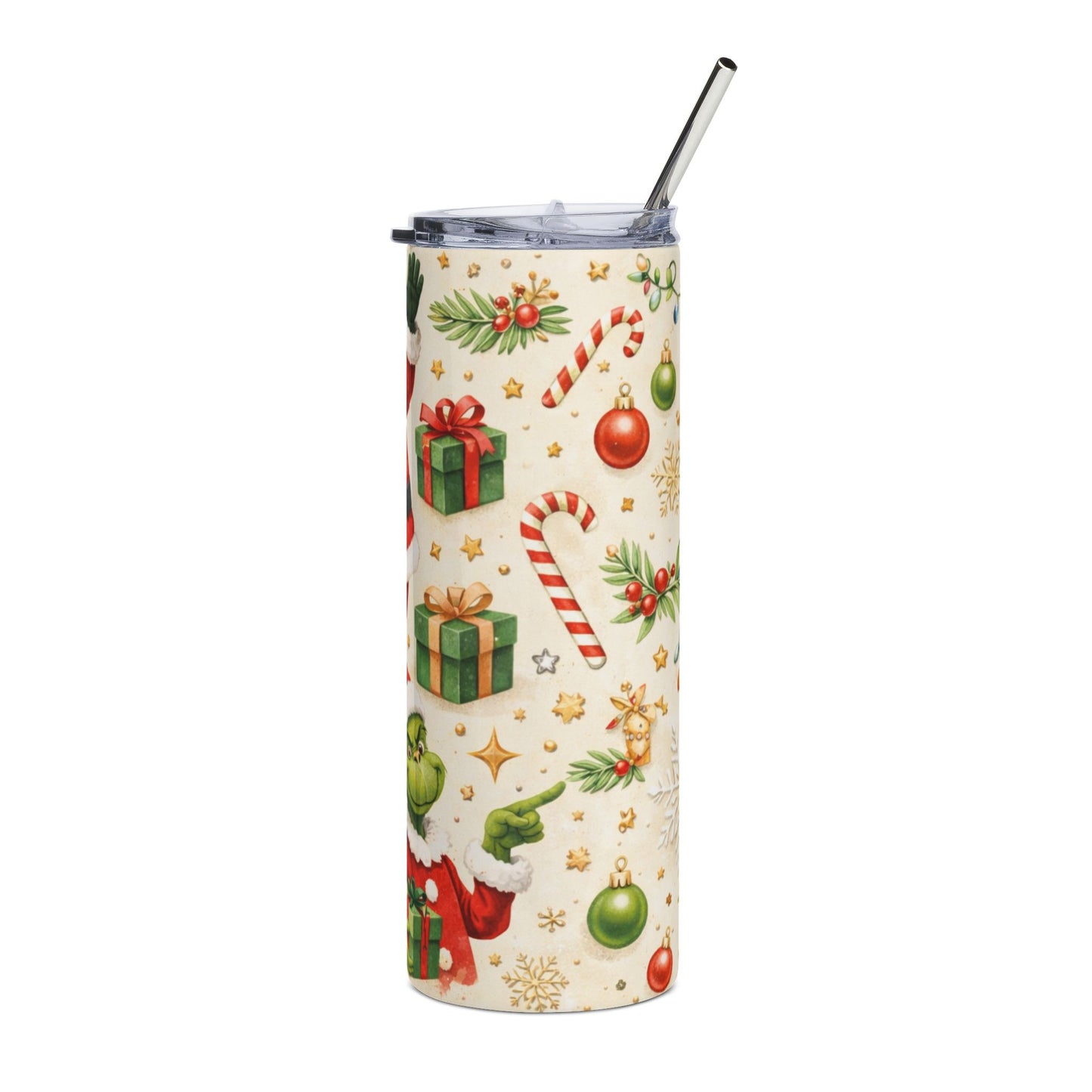 Christmas Santa & Grinch 20oz Stainless Tumbler — Holiday Gift, Candy Cane & Presents Design