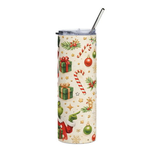 Christmas Santa & Grinch 20oz Stainless Tumbler — Holiday Gift, Candy Cane & Presents Design