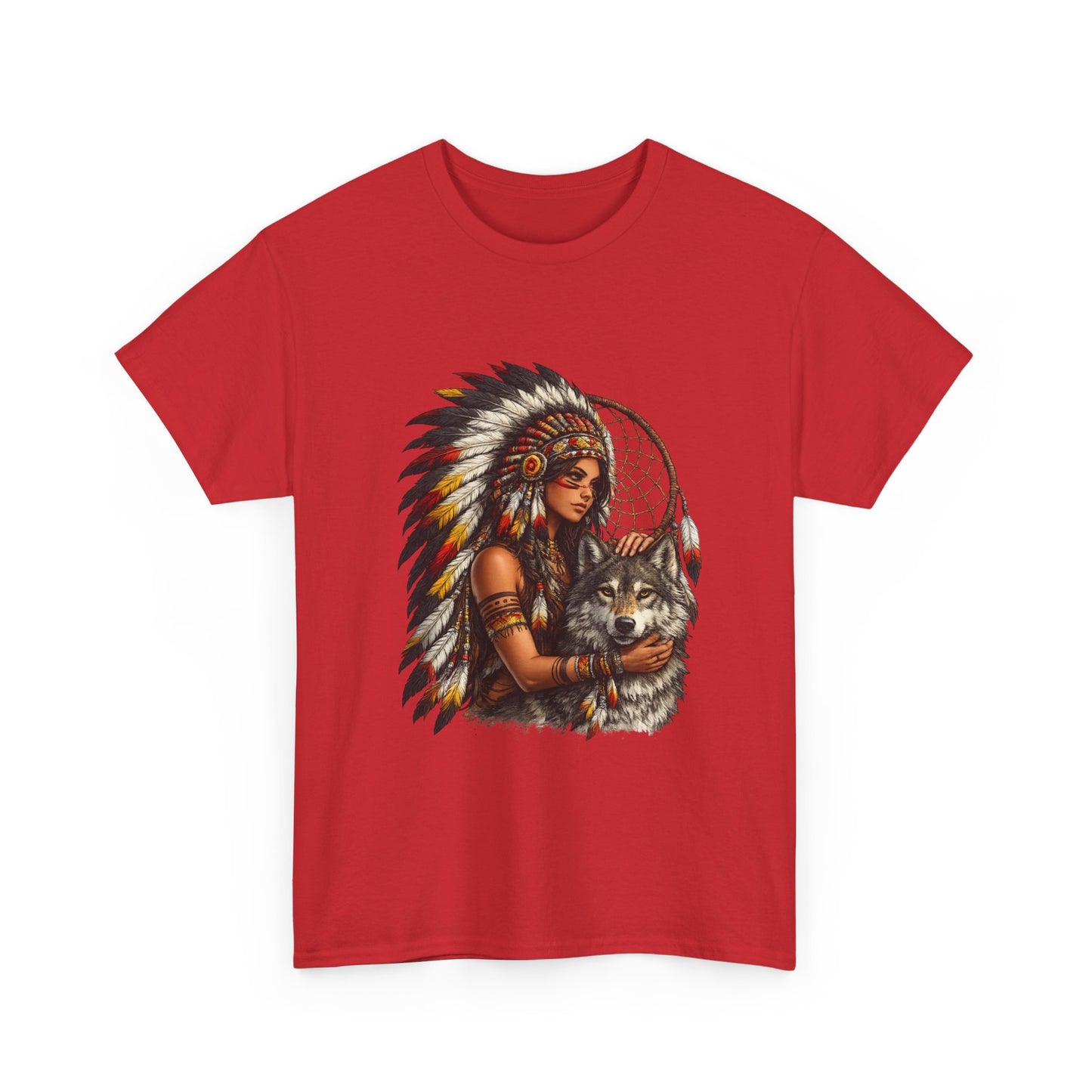 Native Headdress Woman with Wolf & Dreamcatcher T-Shirt