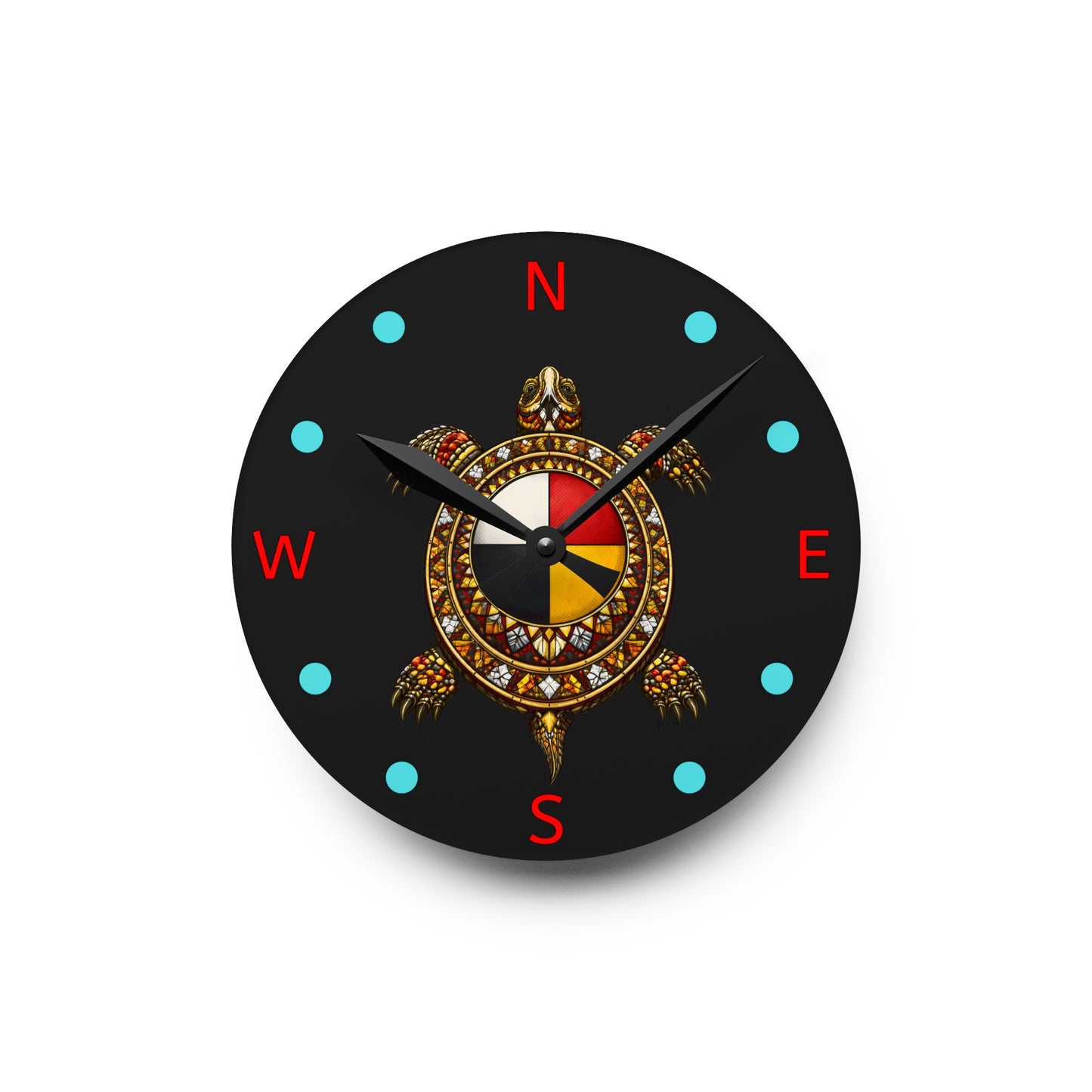 Native Turtle Compass Acrylic Wall Clock — Tribal Medicine Wheel Design
