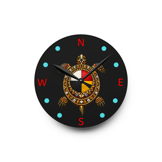 Native Turtle Compass Acrylic Wall Clock — Tribal Medicine Wheel Design