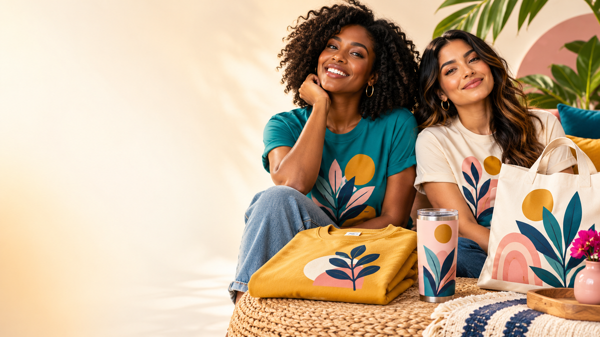 Two women wearing graphic T-shirts beside a folded sweatshirt, tumbler, and tote in teal, gold, pink, and navy